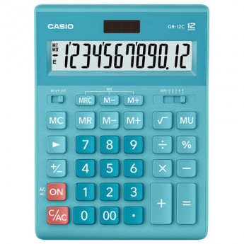 Калькулятор CASIO настольный GR-12С-LB, 12 разрядов, двойное питание, 210х155мм, ГОЛУБОЙ, GR-12C-LB-W-EP
