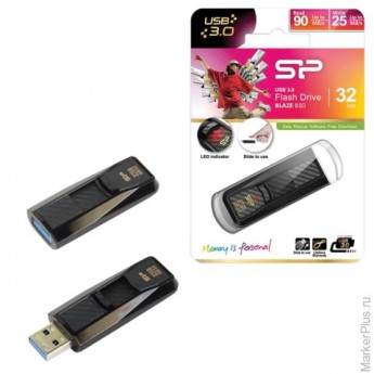 Флэш-диск 32 GB, SILICON POWER B50, USB 3.0, черный, SP32GBUF3B50V1K