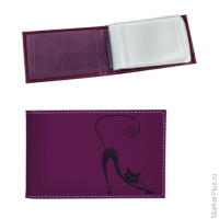 Визитница карманная BEFLER "Изящная кошка" на 40 визиток, натуральная кожа, тиснение, фиолетовая, V.
