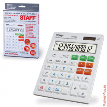 Калькулятор STAFF настольный STF-555-WHITE, 12 разрядов, CORRECT, TAX, БЕЛЫЙ, двойное питание, 205х1