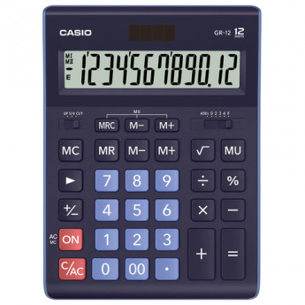 Калькулятор CASIO настольный GR-12-BU, 12 разрядов, двойное питание, 210х155мм, ТЕМНО-СИНИЙ