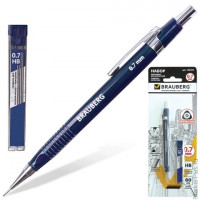 Набор BRAUBERG: механический карандаш, трёхгранный синий корпус + грифели HB, 0,7 мм, 12 штук, блистер, 180494, комплект 12 шт