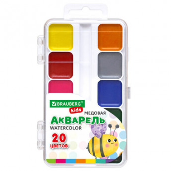 Краски акварельные BRAUBERG KIDS, медовые, 20 цветов, квадратные кюветы, пластиковый пенал, 192283
