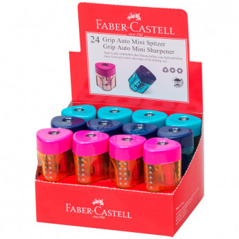 Точилка пластиковая Faber-Castell 'Grip Auto Mini', 1 отверстие, контейнер, розов./оранж., бирюзов., ассорти, 24 шт/в уп