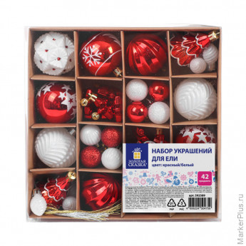 Шары елочные НАБОР 42 предмета "Red and White Shine", пластик, красный/белый, ЗОЛОТАЯ СКАЗКА, 592589
