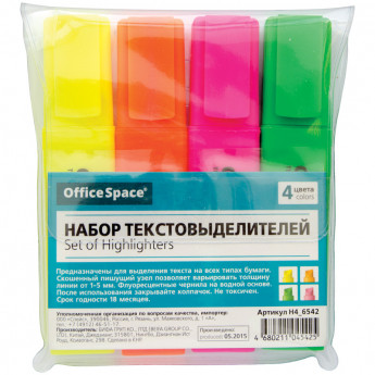 Набор текстовыделителей "OfficeSpace" 4цв., 5мм, европодвес