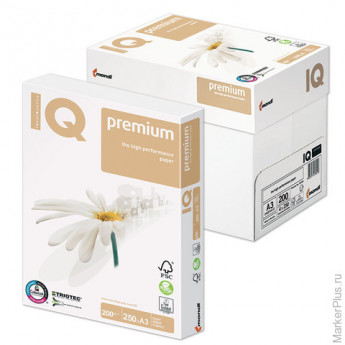 Бумага IQ PREMIUM БОЛЬШОЙ ФОРМАТ (297х420 мм), А3, 200 г/м2, 250 л., класс "А", белизна 170% (CIE)