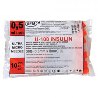 Шприц инсулиновый SFM, 0,5 мл. КОМПЛЕКТ 10 шт. в пакете, U-100 игла несъемная 0,3х8 -, 534255, комплект 10 шт