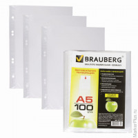 Папки-файлы перфорированные, А5, BRAUBERG, комплект 100 шт., вертикальные, гладкие, "Яблоко", 0,035 мм, 221714