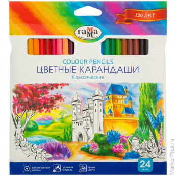 Карандаши цветные Гамма "Классические", 24цв., заточен., картон, европодвес, 2 шт/в уп