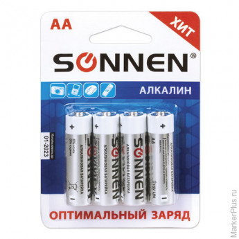 Батарейки SONNEN, AA (LR6), комплект 4 шт., АЛКАЛИНОВЫЕ, в блистере, 1,5 В, 451085, комплект 4 шт
