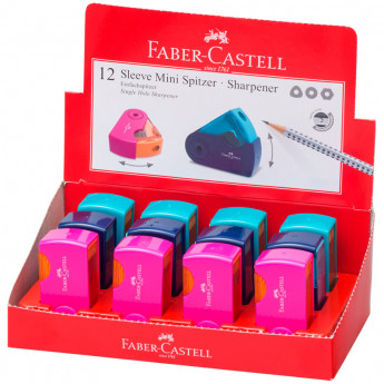 Точилка пластиковая Faber-Castell "Sleeve Mini", 1 отверстие, контейнер, розов./оранж., бирюзов., 12 шт/в уп