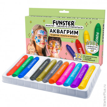 Аквагрим для лица и тела, 12 цветов (10 классических + золото + серебро), 10 трафаретов, FUNSTER (ФАНСТЕР), 192572