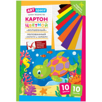 Картон цветной A4, ArtSpace, 10л., 10цв., 'Волшебный. Черепашка' (золото, серебро), мелов. в папке, 10 шт/в уп