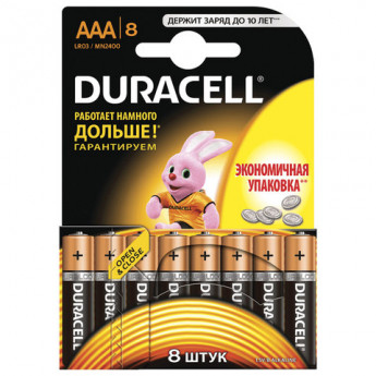 Батарейки КОМПЛЕКТ 8 шт., DURACELL Basic ОРИГИНАЛ, AAA (LR03, 24А), алкалиновые, мизинчиковые, C0037387, комплект 8 шт