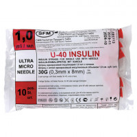 Шприц инсулиновый SFM, 1 мл. КОМПЛЕКТ 10 шт. в пакете, U-40 игла несъемная 0,3х8 - 30, 534254, комплект 10 шт
