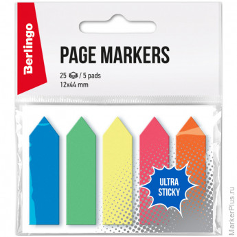 Флажки-закладки пластиковые Berlingo "Ultra Sticky", 12*44мм, стрелки, 25л*5 неоновых цветов, 12 шт/в уп