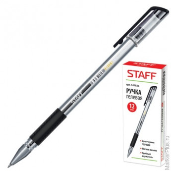 Ручка гелевая STAFF, корпус прозрачный, резиновый держатель, черная, 141823 24 шт/в уп