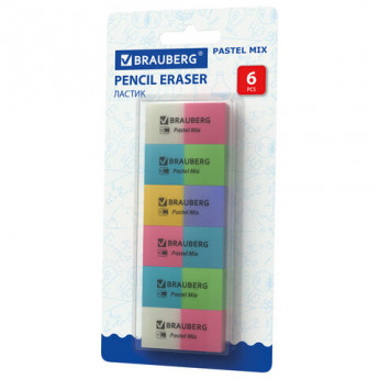 Набор ластиков BRAUBERG 'Pastel Mix', 6 шт., цвета ассорти, 44х21х10 мм, экологичный ПВХ, 229597, комплект 6 шт