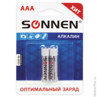 Батарейки SONNEN Alkaline, AAA (LR03, 24А), алкалиновые, мизинчиковые, блистер, 451087, 2 шт/в уп
