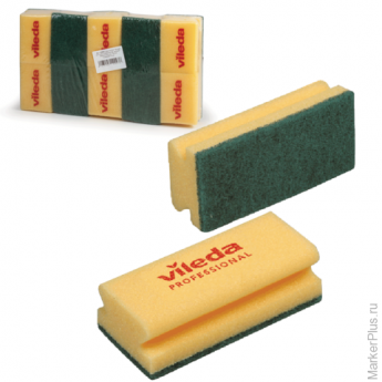 Губки VILEDA "Виледа", комплект 10 шт., для любых поверхностей, зеленый абразив, желтые, 7х9,5 см, 1