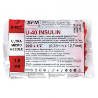 Шприц инсулиновый SFM, 1 мл. КОМПЛЕКТ 10 шт. в пакете, U-40 игла несъемная 0,33х12,7, 534251, комплект 10 шт