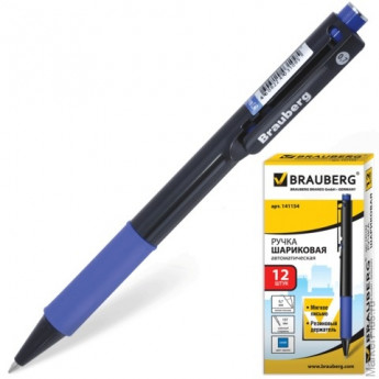 Ручка шариковая BRAUBERG 'Doc' автоматическая, корпус черный, толщина письма 0,7 мм, резиновый держатель, синяя, 141154, 24 шт/в уп