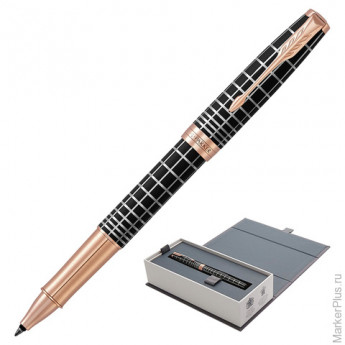 Ручка-роллер PARKER "Sonnet Brown Rubber PGT", корпус коричневая смола, нержавеющая сталь, позолоченные детали, 1931482, черная