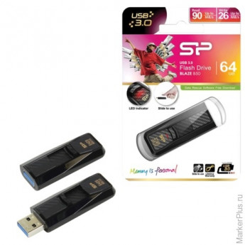 Флэш-диск 64 GB, SILICON POWER B50, USB 3.0, черный, SP64GBUF3B50V1K