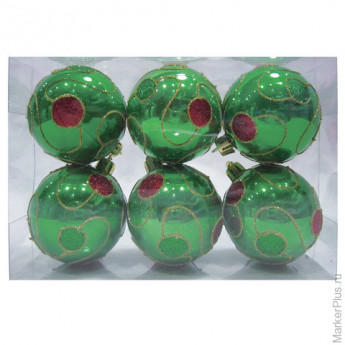 Шары елочные, набор 6 шт., пластик, диаметр 6 см, с рисунком, цвет зеленый (глянец), 59586