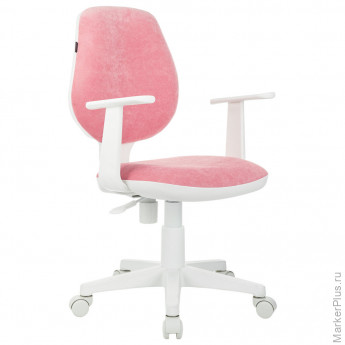 Кресло детское BRABIX "Fancy MG-201W", с подлокотниками, пластик белый, ткань вельветовая, розовое, 533009