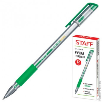 Ручка гелевая STAFF, корпус прозрачный, резиновый держатель, зеленая, 141825 18 шт/в уп