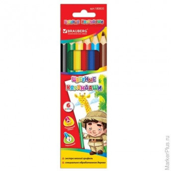 Карандаши цветные утолщенные BRAUBERG, 6 цветов, трехгранные, картонная упаковка, 180835