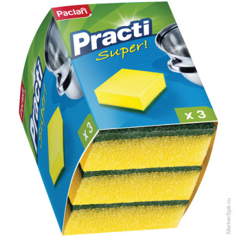 Губки для посуды PACLAN "PRACTI" поролон с абразивным слоем, 10*7, 3 шт/упак