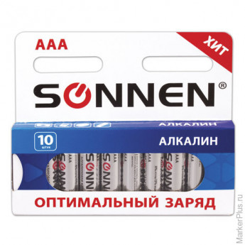 Батарейки SONNEN, AAA (LR03), комплект 10 шт., АЛКАЛИНОВЫЕ, в блистере, 1,5 В, 451089, комплект 10 шт