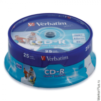 Диск CD-R VERBATIM, 700 MB, 52x, Printable, 25 шт., Cake Box, с поверхностью для печати