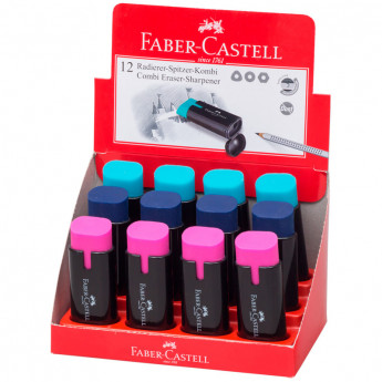 Точилка пластиковая с ластиком Faber-Castell "Combi", 1 отверстие, контейнер, ассорти, 12 шт/в уп