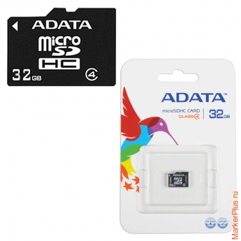 Карта памяти micro SDHC, 32 Gb, A-DATA, скорость передачи данных 4 Мб/сек. (class 4), AUSDH32GCL4-R