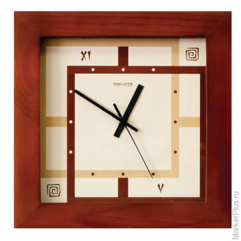 Часы настенные САЛЮТ ДС-2АА28-077, квадрат, бежевые с рисунком "Этно", деревянная рамка, 31х31х4,5 с