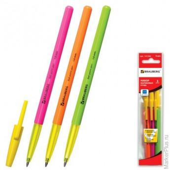 Ручки шариковые BRAUBERG "Color", набор 3 шт., корпус ассорти, толщина письма 1 мм, европодвес, синие, 141508, комплект 3 шт