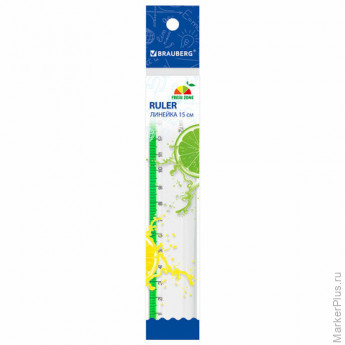 Линейка пластиковая 15 см BRAUBERG "FRESH ZONE", прозрачная, с салатовой шкалой, 210748