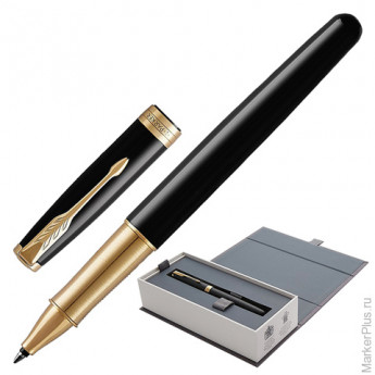 Ручка-роллер PARKER "Sonnet Lacquer GT", корпус черный лак, латунь, позолоченные детали, 1948080, черная