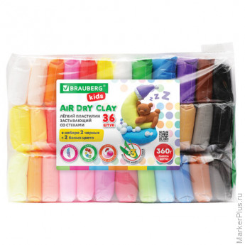 Пластилин супер лёгкий застывающий 36 шт. (32 цвета + 2 белых + 2 черных) 360 г, 3 стека, BRAUBERG KIDS, 106309
