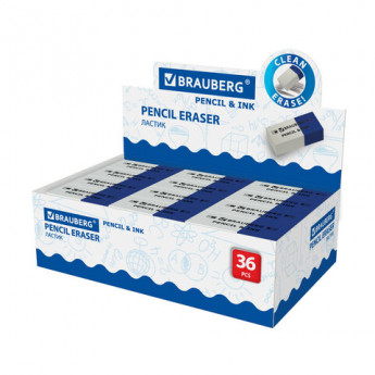 Ластик BRAUBERG 'PENCIL & INK', 39х18х12 мм, для ручки и карандаша, бело-синий, 229578