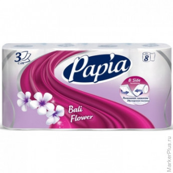 Бумага туалетная Papia Балийский Цветок 3сл бел 100%цел 16,8м 140л 8рул/уп, комплект 8 шт