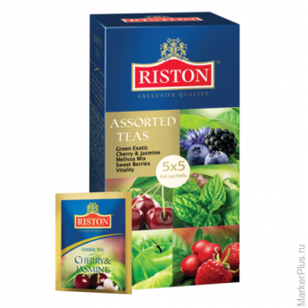 Чай RISTON (Ристон) "Assorted Teas", зеленый и травяной, ассорти 5 вкусов, 25 пакетиков по 1,5 г, RU