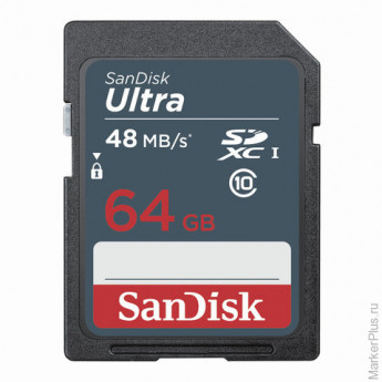 Карта памяти SDXC, 64 GB, SANDISK Ultra UHS-I, скорость передачи данных 48 Мб/сек (class 10), DUNB-0
