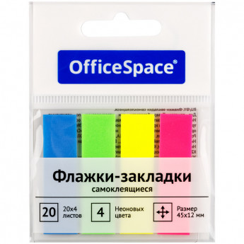 Флажки-закладки OfficeSpace, 45*12мм, 20л.*4 неоновых цвета, европодвес, 24 шт/в уп