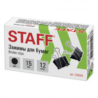 Зажимы для бумаг STAFF 'EVERYDAY', КОМПЛЕКТ 12 шт., 15 мм, на 45 листов, черные, картонная коробка, 229049, комплект 12 шт