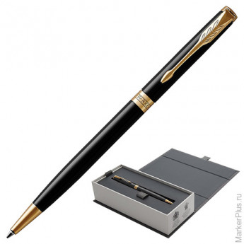 Ручка шариковая PARKER "Sonnet Lacquer Slim GT", тонкий корпус, черный лак, латунь, позолоченные детали, 1931498, черная